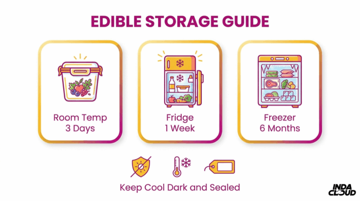 How To Make Edibles: Easy Cannabis Edibles Recipe 5 Edible Storage Guide Showing Room Temperature Storage For 3 Days, Fridge Storage For 1 Week, And Freezer Storage For 6 Months While Keeping Products Cool Dark And Sealed