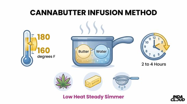 How To Make Edibles: Easy Cannabis Edibles Recipe 2 Cannabutter Infusion Method Chart Showing Butter And Water Simmered At 160 To 180 Degrees Fahrenheit For 2 To 4 Hours Using Low Heat
