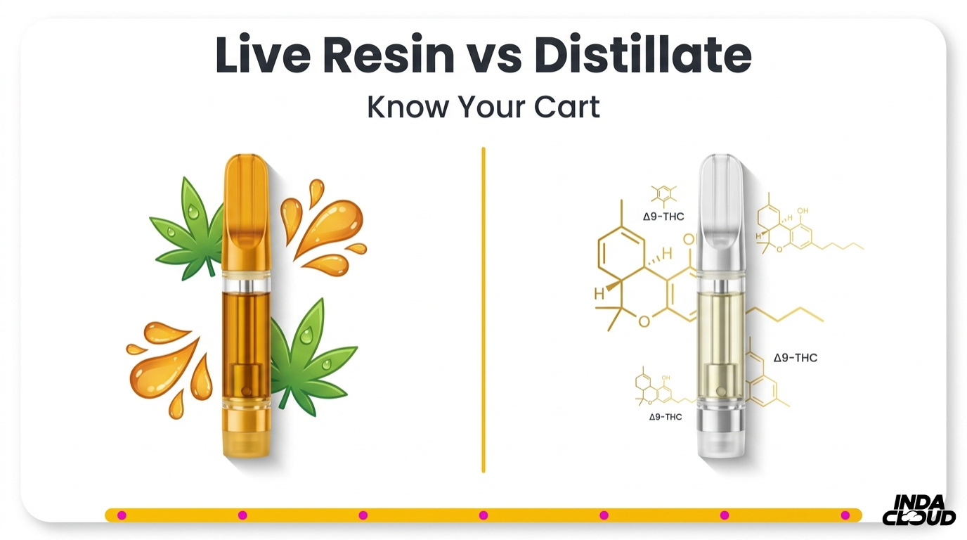 Live Resin Vs Distillate Cart: Which Is Best? 1 Live Resin Vs Distillate Vape Cart Comparison Showing Live Resin Cart With Cannabis Terpenes And Distillate Cart With Purified Delta 9 Thc Compounds