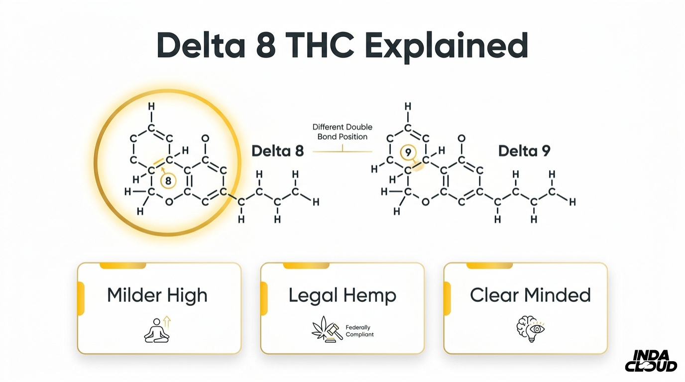 Delta 8 THC molecular structure comparison showing the chemical difference between Delta 8 and Delta 9 with milder psychoactive effects and legal hemp origin