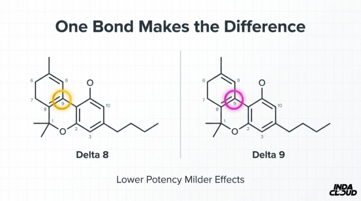 Delta 8 Thc: Psychoactive Effects, Legality, And The Difference Between Delta 8 And Hemp 1 Delta 8 Vs Delta 9 Thc Comparison Showing One Bond Difference In Molecular Structure That Creates Lower Potency And Milder Effects